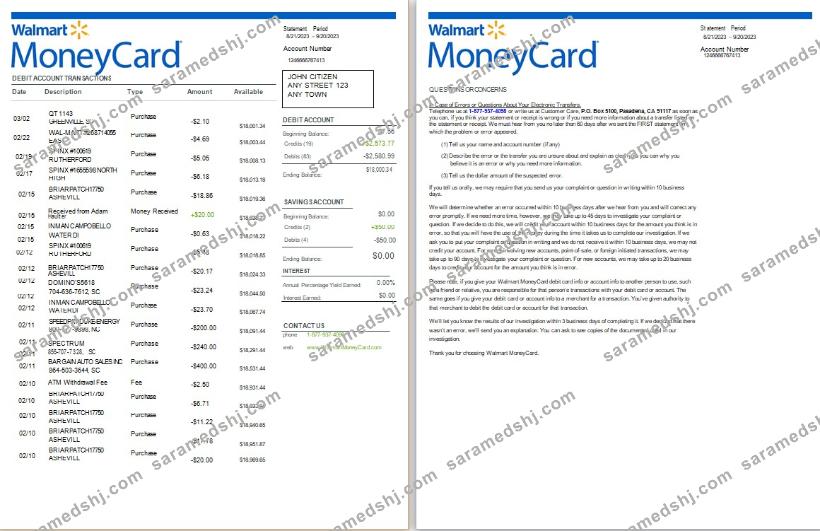 USA Walmart MoneyCard bank statement Word and PDF, 2 pages